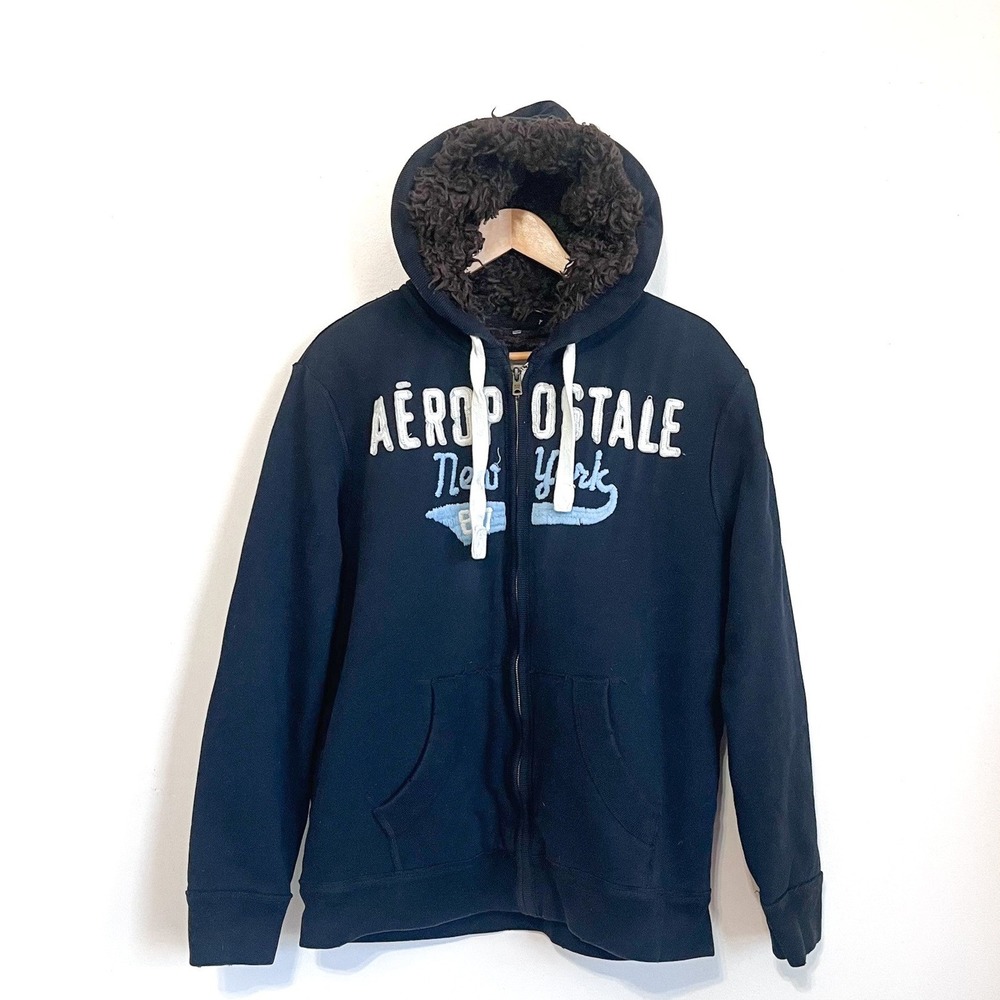 Vintage Y2K Aeropostale Faux Fur Lined Zip Hoodie‎ Jacket Sweatshirt Emo Size L